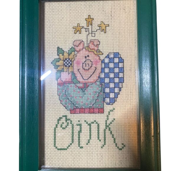 Handmade Cross Stitch Angel Pig Framed Country Farmhouse Cottage - Picture 2 of 3